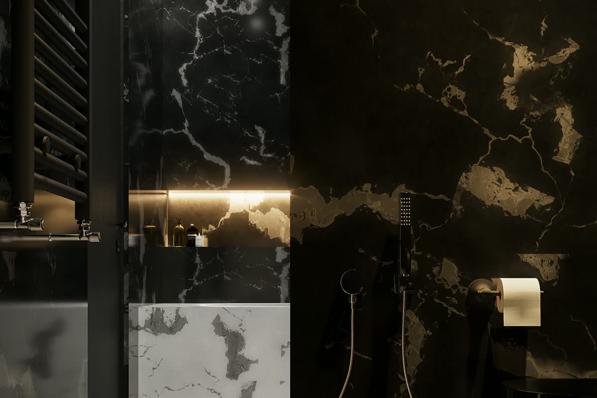 A dark stone shower with a wall-mounted mixer